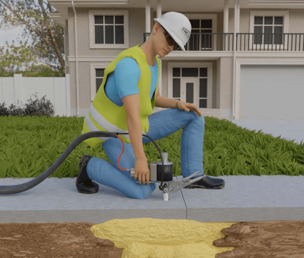 Polyurethane foam being used to lift a sunken concrete slab